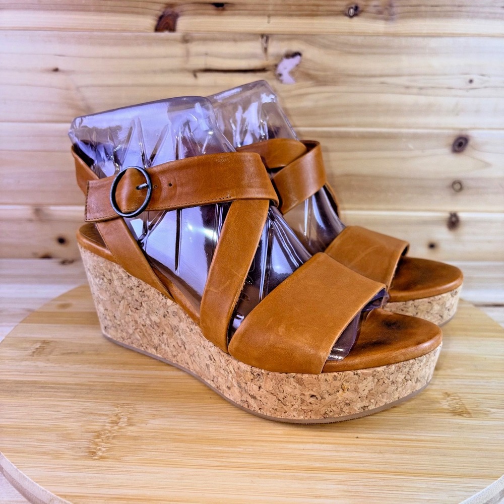 Coclico Sandals Womens 7 Mel Tan Leather Cork Wedge Heel Strappy Sandals